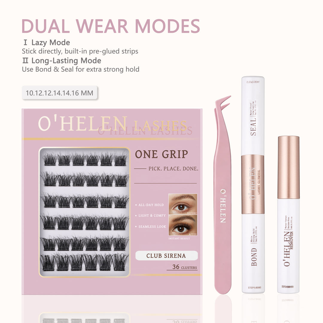 Club Sirena 36 pre-glued lash clusters in a pink tray, pictured beside tweezers, Bond & Seal and remover.