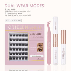 Club Sirena 36 pre-glued lash clusters in a pink tray, pictured beside tweezers, Bond & Seal and remover.
