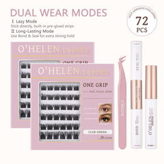 Club Sirena 72 individual lashes displayed as two pink trays beside tweezers and lash-care tubes.
