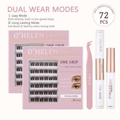 Cocoa Noir 72 brown lash clusters shown as two pink trays with tweezers, Bond & Seal and remover.