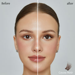 Cocoa Noir before-and-after graphic comparing the lash look on a front-facing model.