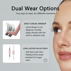 Dual Wear Options graphic showing a pre-glued lash cluster, lash adhesive tubes and a model wearing lashes.