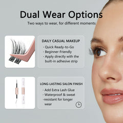 Dual Wear Options graphic showing a pre-glued lash cluster, lash adhesive tubes and a model wearing lashes.