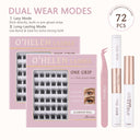 Glamour Doll 72 individual lashes pictured as two pink trays beside tweezers, Bond & Seal and remover.