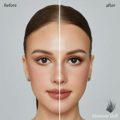 Glamour Doll before-and-after graphic comparing the lash look on a front-facing model.
