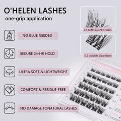 O’HELEN promotional graphic with a lash tray, enlarged fiber and band views, and feature icons.