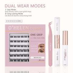 Moonlace 36 pre-glued lash clusters in a pink tray with a mixed-length label, pictured beside tweezers and lash-care tubes.