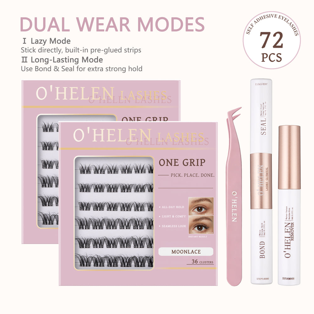 Moonlace 72 individual lashes shown as two pink trays alongside tweezers, Bond & Seal and remover.