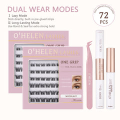 Moonlace 72 individual lashes shown as two pink trays alongside tweezers, Bond & Seal and remover.