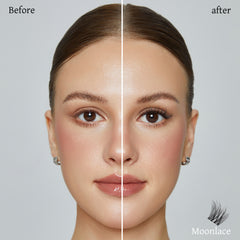 Moonlace before-and-after graphic comparing the lash look on a front-facing model.