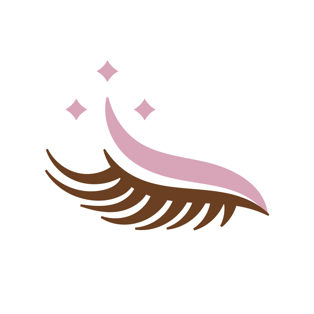 Pink and brown lash icon with three small sparkle shapes above it.