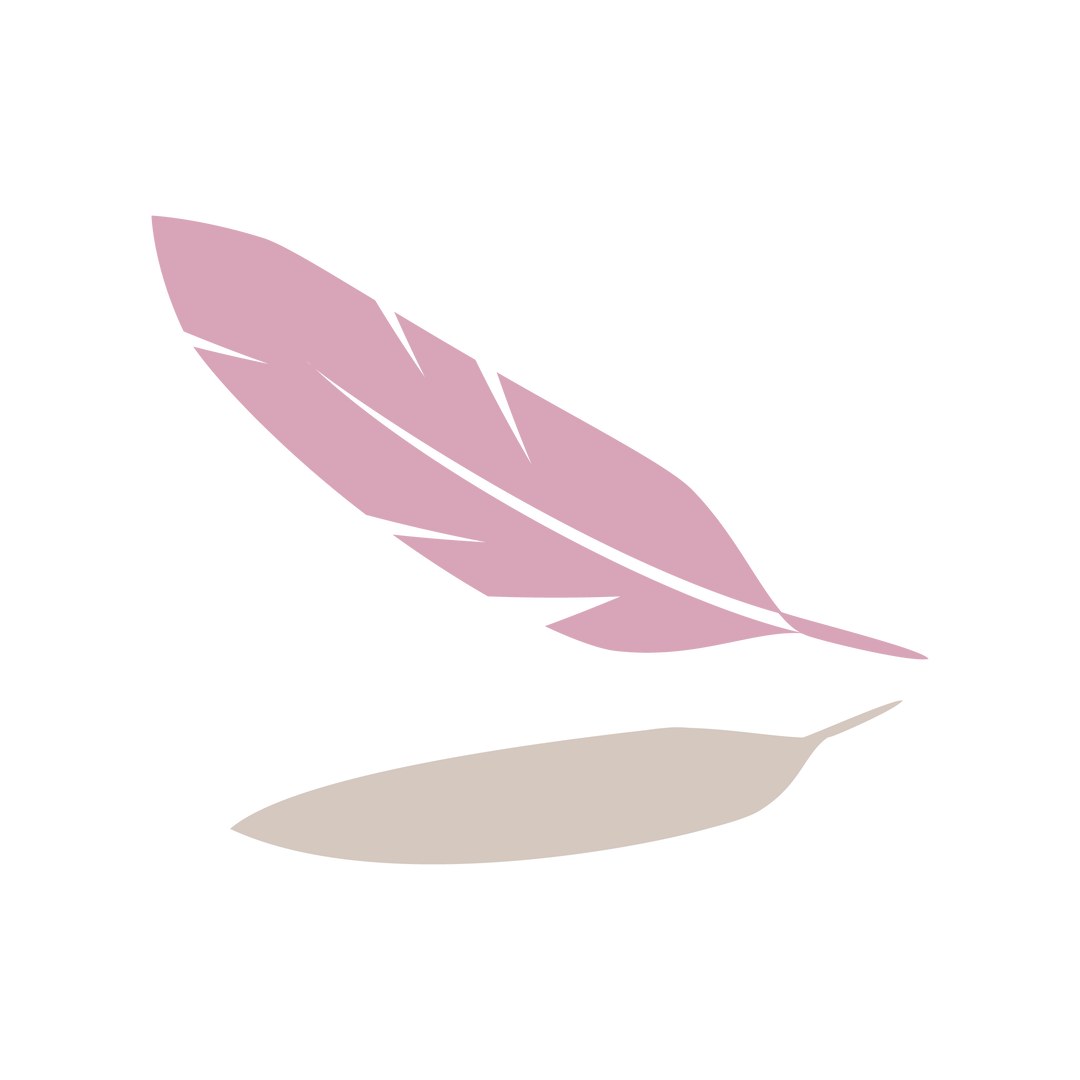 Pink feather icon above a brown shadow.
