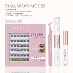 Pure Love 36 lash clusters displayed in a pink tray alongside tweezers, Bond & Seal and remover.