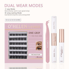 The Mayfair 36 pre-glued lash clusters displayed in a pink tray beside tweezers, Bond & Seal and remover.