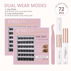 The Mayfair 72 lash trays with dense rows of clusters, pictured beside pink tweezers and lash-care tubes.