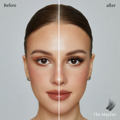 The Mayfair before-and-after graphic comparing the lash look on a front-facing model.